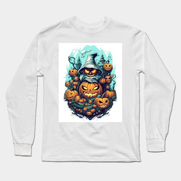 scary witch with pumpkins Long Sleeve T-Shirt by Maverick Media